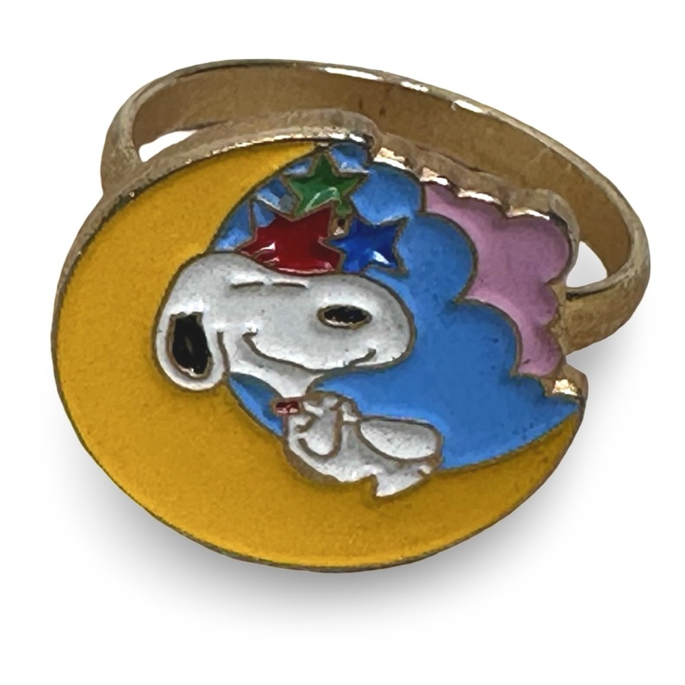 Vintage Aviva 1970s Snoopy Peanuts Enamel Adjustable Ring Gold Tone Moon Stars